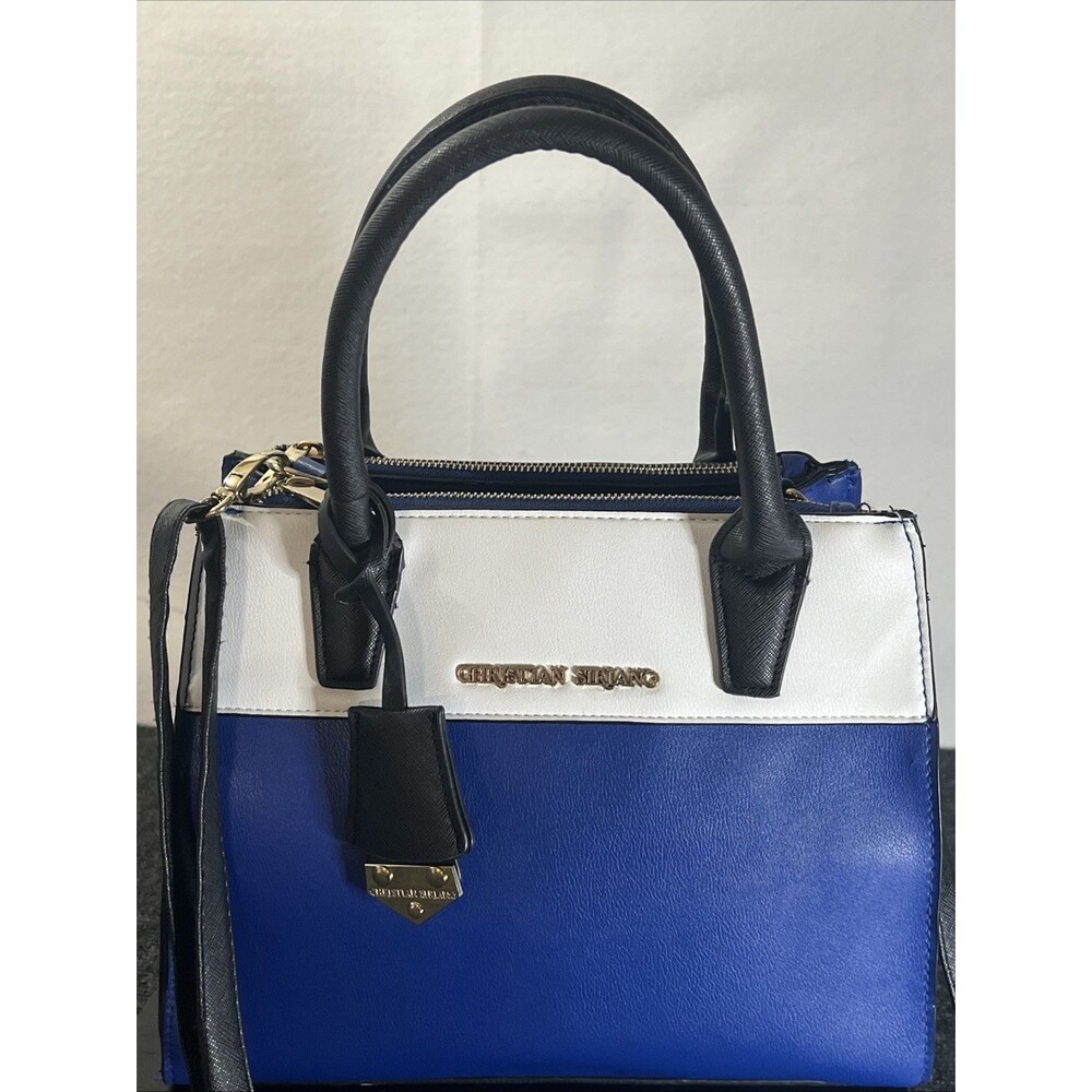 Christian Siriano Blue White Satchel Crossbody Bag Structured Top Handle - Picture 5 of 16